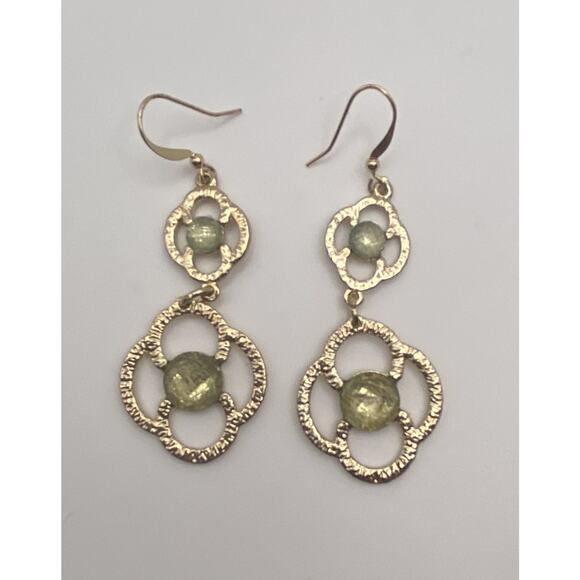 Unbranded Jewelry - Textured Light Gold Tone Green Stone Open Work Dangle Drop Earrings